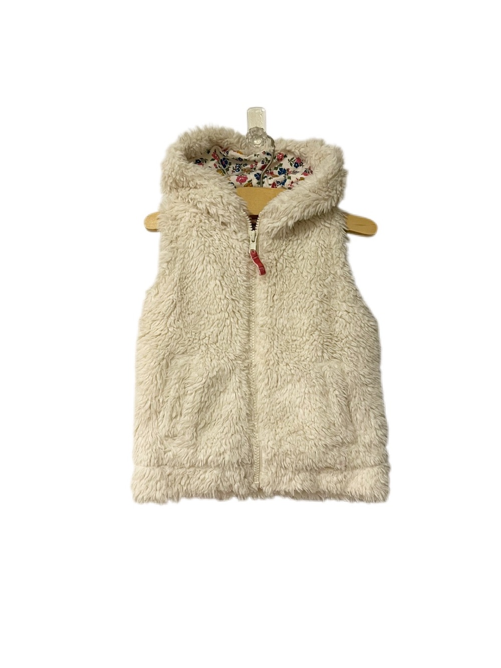 Mini Boden 18-24m Off White Cream Fuzzy Vest with Hood and Floral Lining